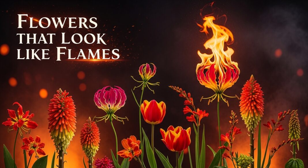 Collage of flowers that look like flames including red hot poker and flame lily