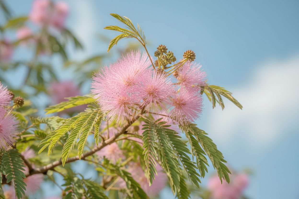 Fluffy pink mimosa tree flowers in bloom — a whimsical flower that starts with M