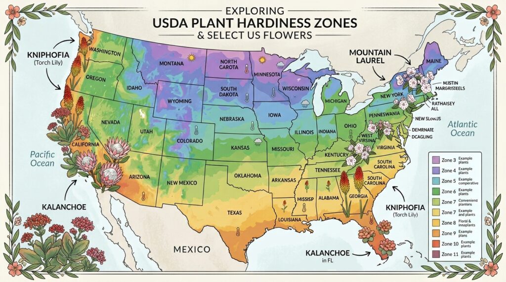 USDA hardiness zone map showing where flowers starting with K grow best including Kalanchoe Kniphofia Kalmia and King Protea