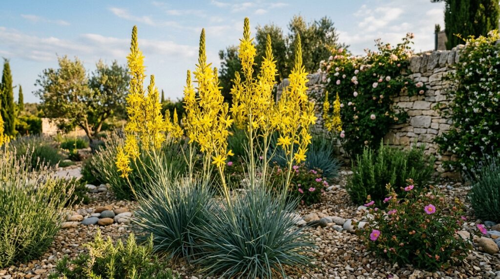 Asphodeline lutea King's Spear with tall yellow flowering spikes above blue-gray foliage in dry Mediterranean garden