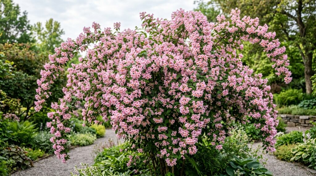 Kolkwitzia amabilis Beauty Bush shrub covered in thousands of soft pink bell-shaped flowers in full spring bloom