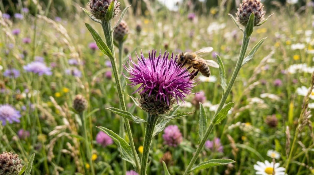 Centaurea knapweed wildflower with purple thistle-like blooms in summer meadow with bee feeding