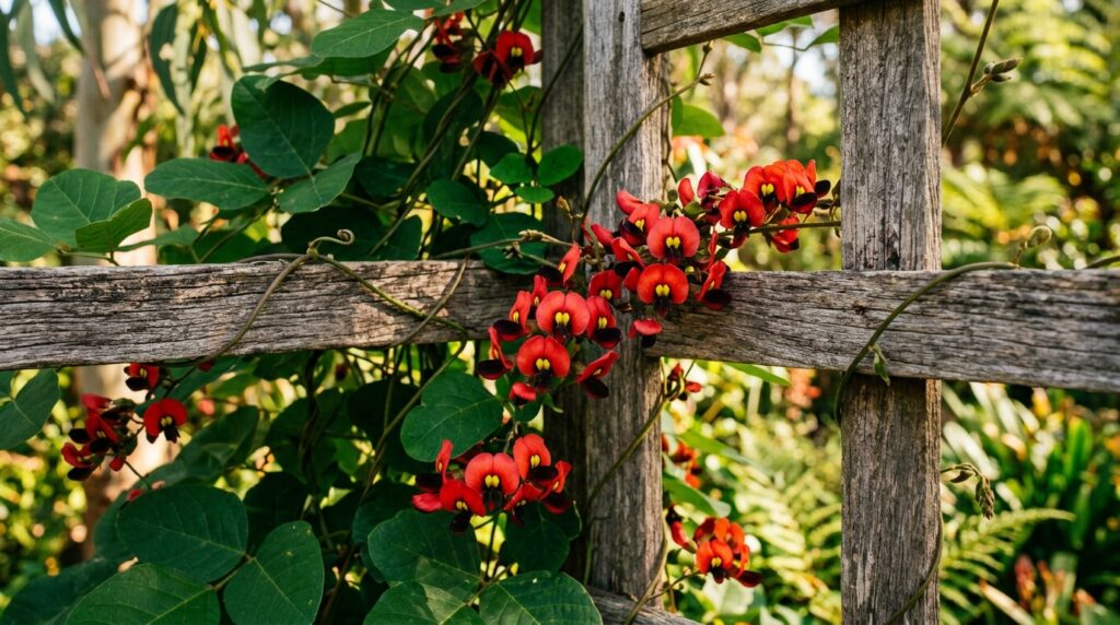 Kennedia rubicunda coral vine with scarlet pea-like flowers climbing wooden trellis in Australian garden