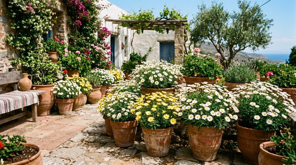 White marguerite daisy flowers in a sunny garden — bright flowers beginning with M