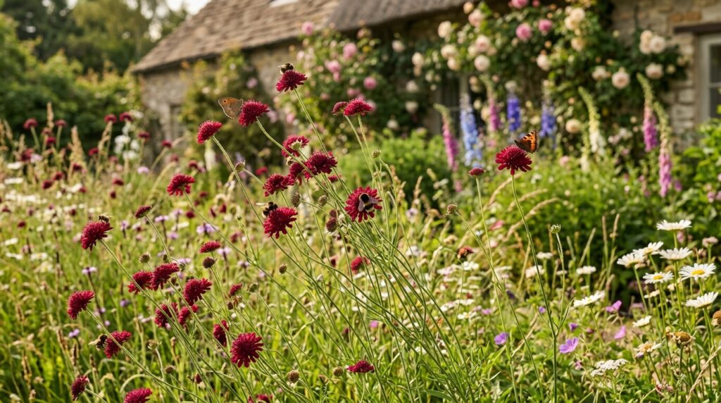Knautia macedonica crimson pincushion flowers in cottage garden meadow style with visiting bees