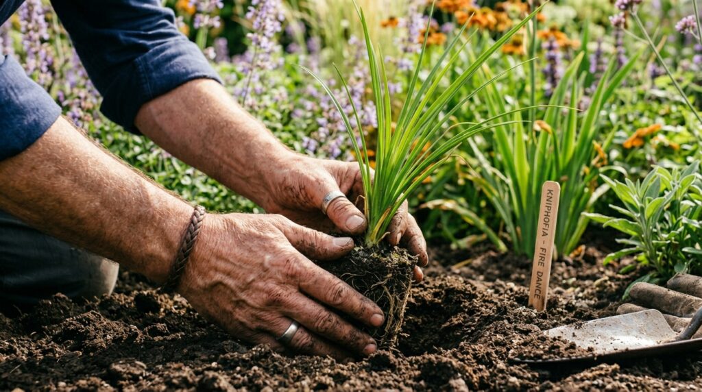 Expert gardener transplanting Kniphofia red hot poker plant into sunny garden border showing proper planting technique