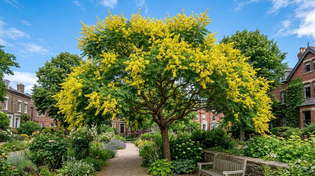 Koelreuteria paniculata Golden Rain Tree with cascading yellow flower panicles over lacy green canopy