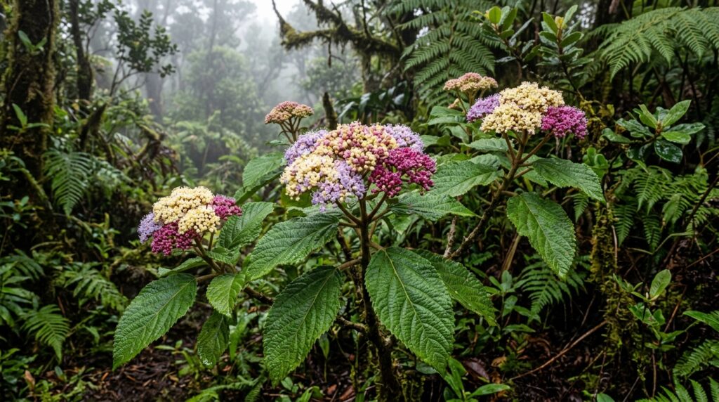 Broussaisia arguta Kanawao Hawaiian endemic shrub with hydrangea-like lavender and magenta flowers in rainforest