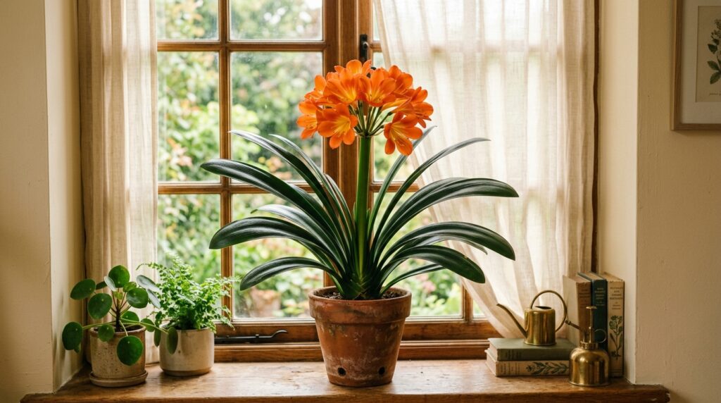 Clivia miniata Kaffir Lily with orange funnel-shaped flowers in umbel cluster against dark glossy leaves
