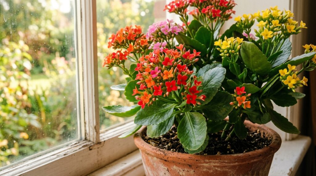 Kalanchoe blossfeldiana succulent with clusters of bright red and pink flowers in a terracotta pot