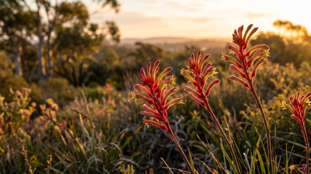 Kangaroo Paw Anigozanthos flowers with tubular red and yellow fuzzy blooms against Australian landscape