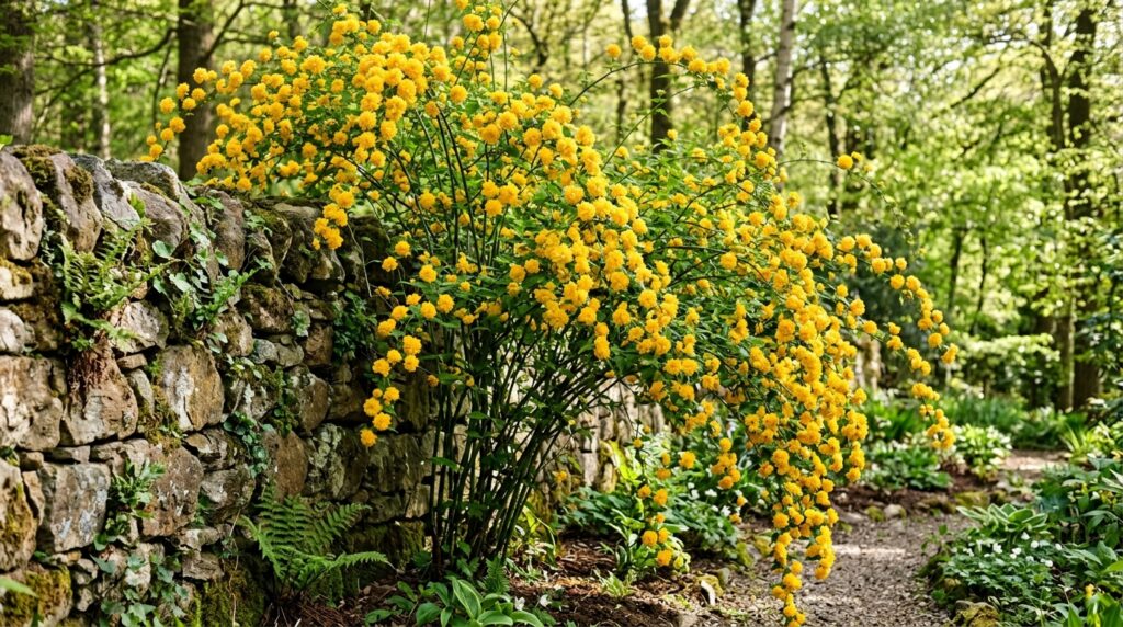 Kerria japonica Japanese Rose with bright yellow pompom flowers cascading on arching green stems in spring garden