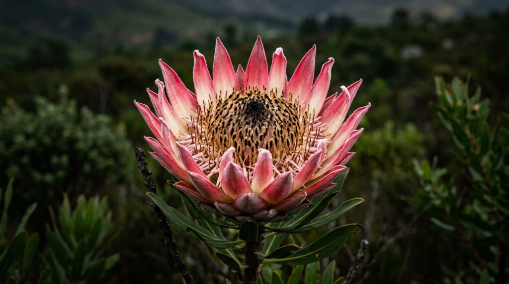 King Protea Protea cynaroides flower with large artichoke-like pink petals in dramatic macro photography