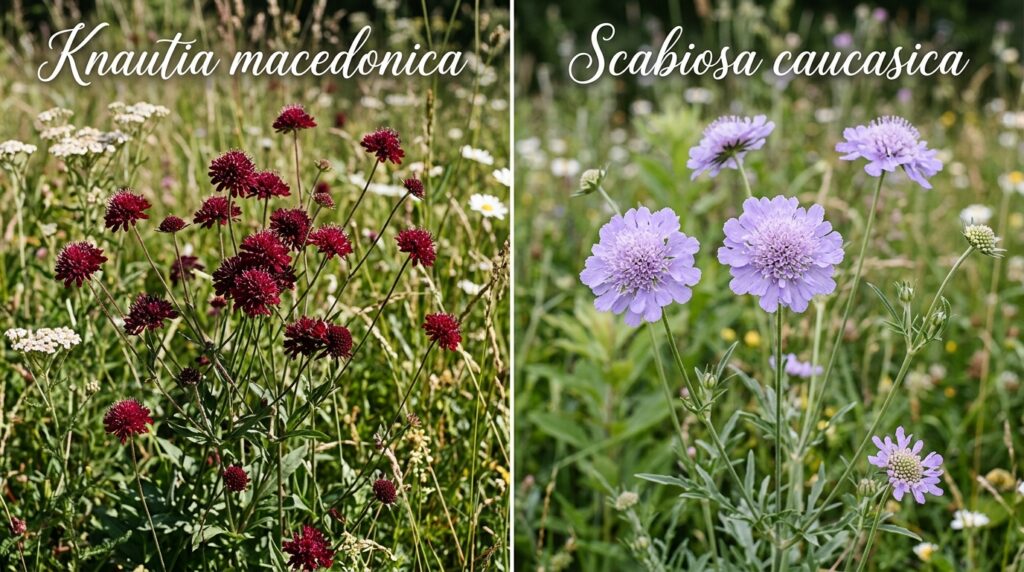 Side by side comparison of Knautia macedonica crimson and Scabiosa lavender pincushion flowers in meadow