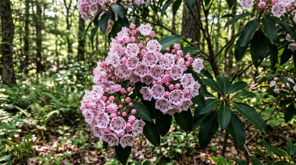Kalmia latifolia mountain laurel with pink cup-shaped flowers and purple interior markings in woodland setting