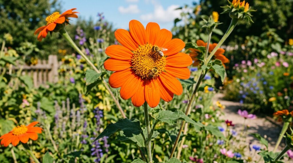 Bright orange Mexican sunflower blooms in a summer garden — large flowers that start with M