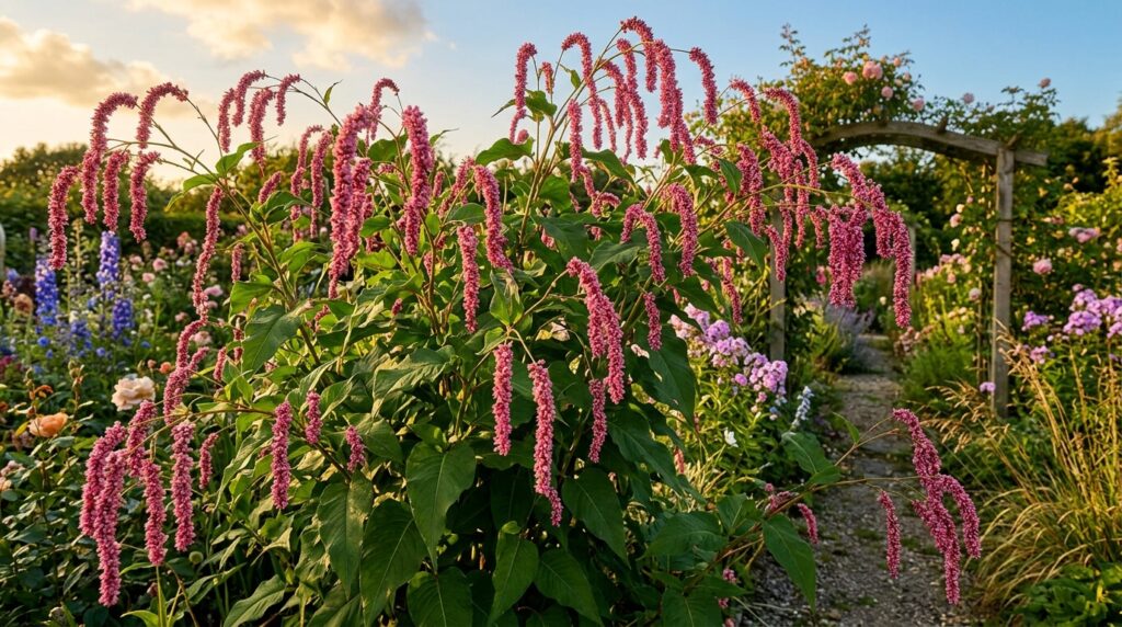 Persicaria orientalis Kiss Me Over the Garden Gate tall annual with pendulous pink flower spikes in cottage garden