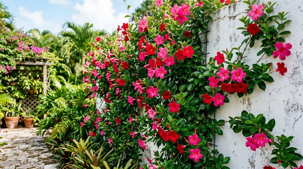 Pink mandevilla trumpet flowers climbing a garden wall — tropical flowers beginning with M