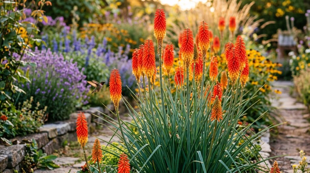 Kniphofia red hot poker torch lily flowers with fiery red orange yellow spikes in sunny garden border