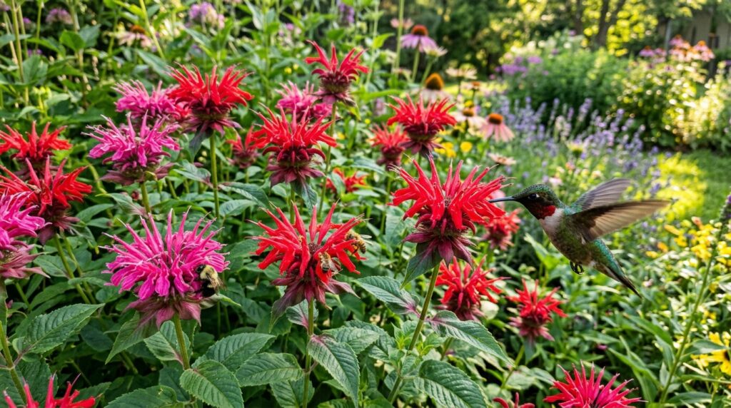 Red and pink monarda bee balm flowers attracting hummingbirds — flowers that start with M
