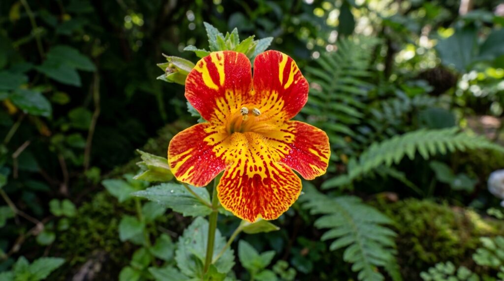 Red and yellow monkey flower blooms in a shaded garden — patterned flowers beginning with M