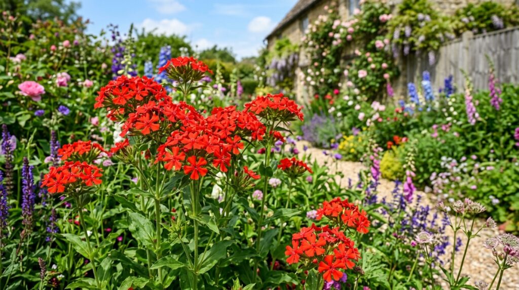 Bright red Maltese Cross flowers in a garden border — striking flowers that start with M