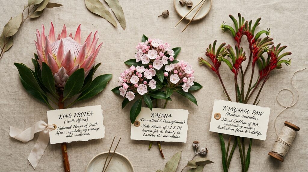 Cultural significance flat-lay featuring King Protea Kalmia and Kangaroo Paw flowers with calligraphy name cards