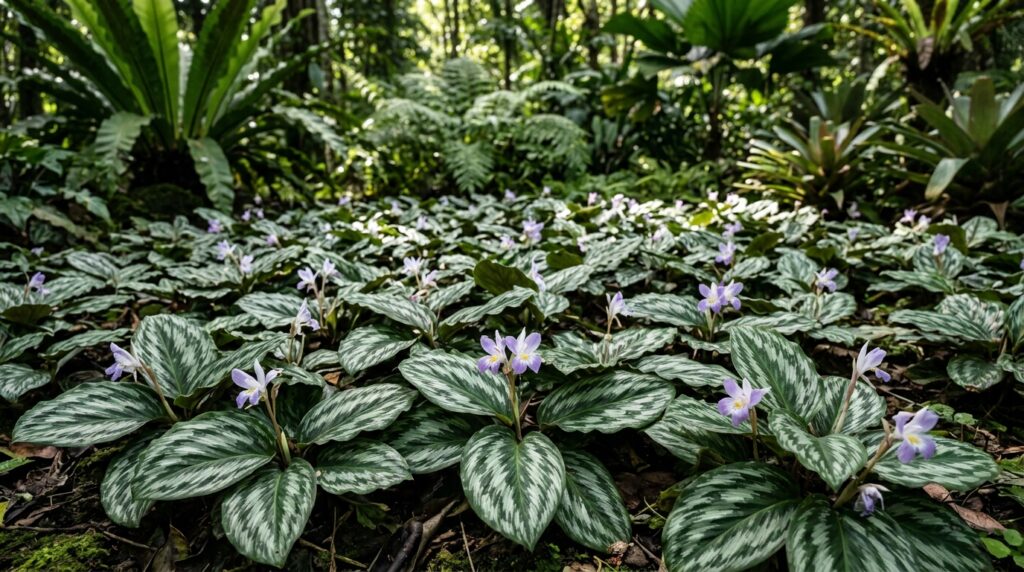 Kaempferia Peacock Ginger ground cover with ornamental silver-patterned leaves and purple white flowers in shaded garden