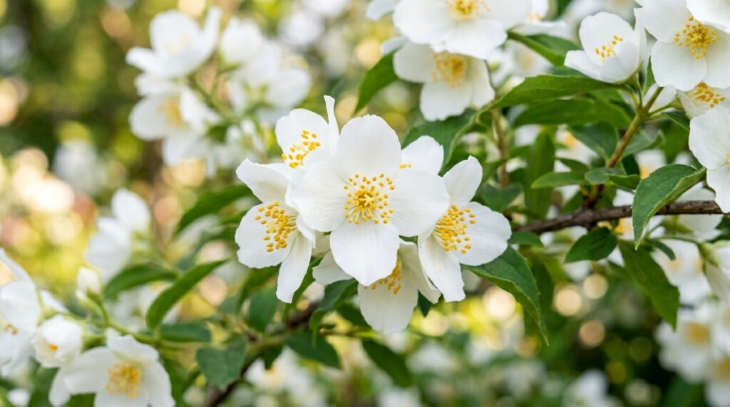 White mock orange flowers blooming on a shrub — fragrant flowers beginning with M