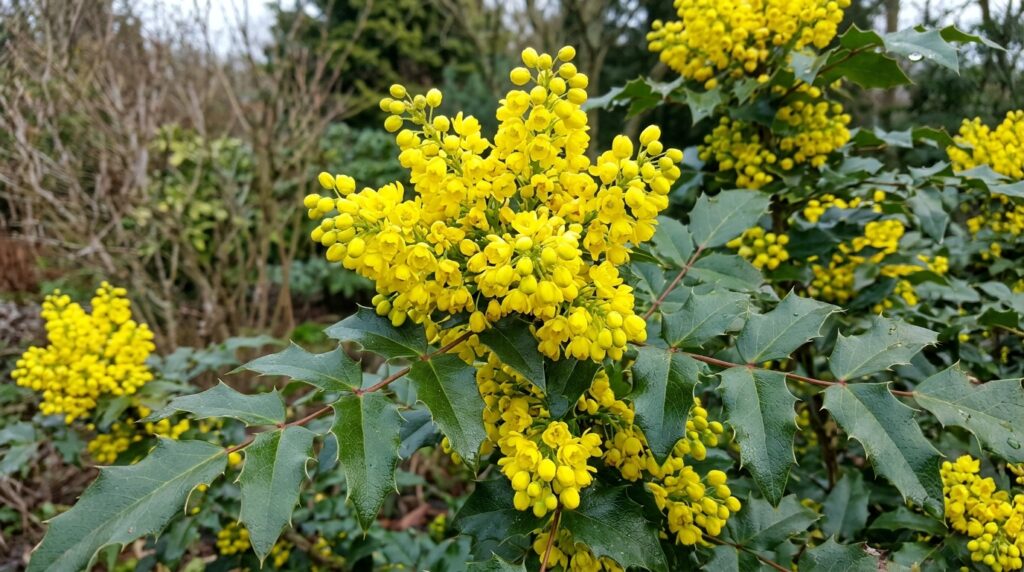 Yellow mahonia flowers blooming in winter — early flowering plant beginning with M