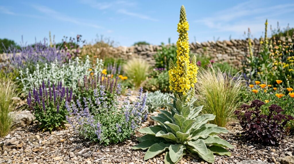 Tall yellow mullein flower spike in a garden border — architectural flowers that start with M