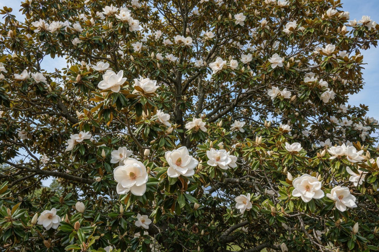 White magnolia flowers blooming on a large magnolia tree — one of the most elegant flowers beginning with M