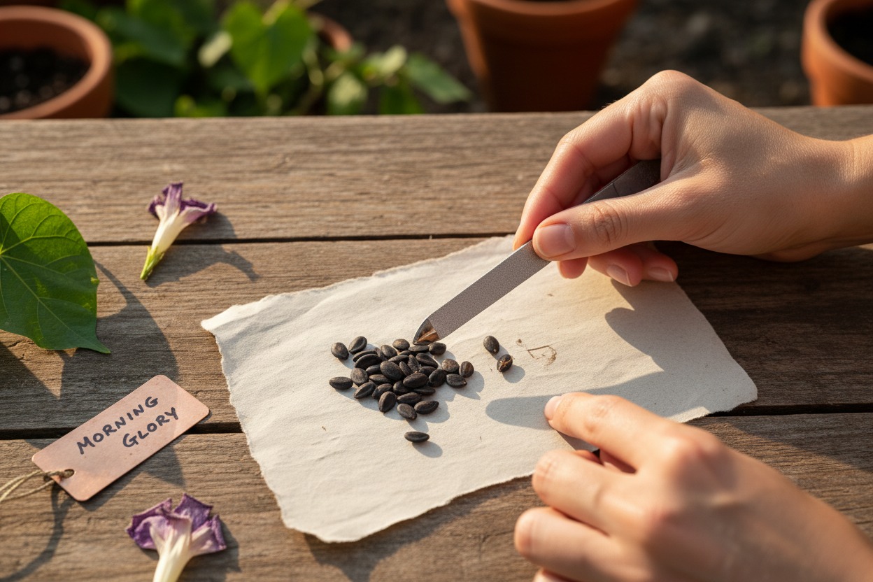 How to plant morning glories — nicking seeds, soaking in water, and planting at base of trellis
