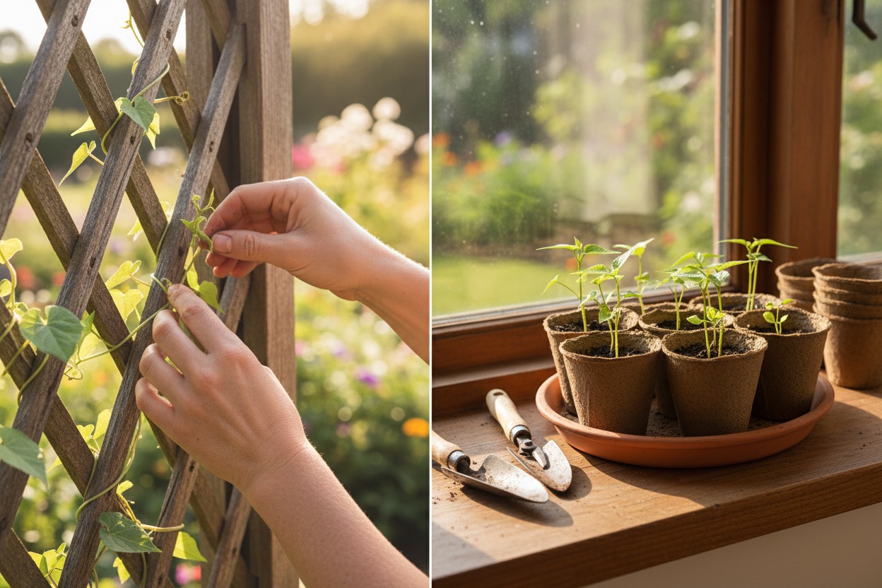Expert morning glory growing tips — training vines on trellis and using peat pots for transplanting seedlings