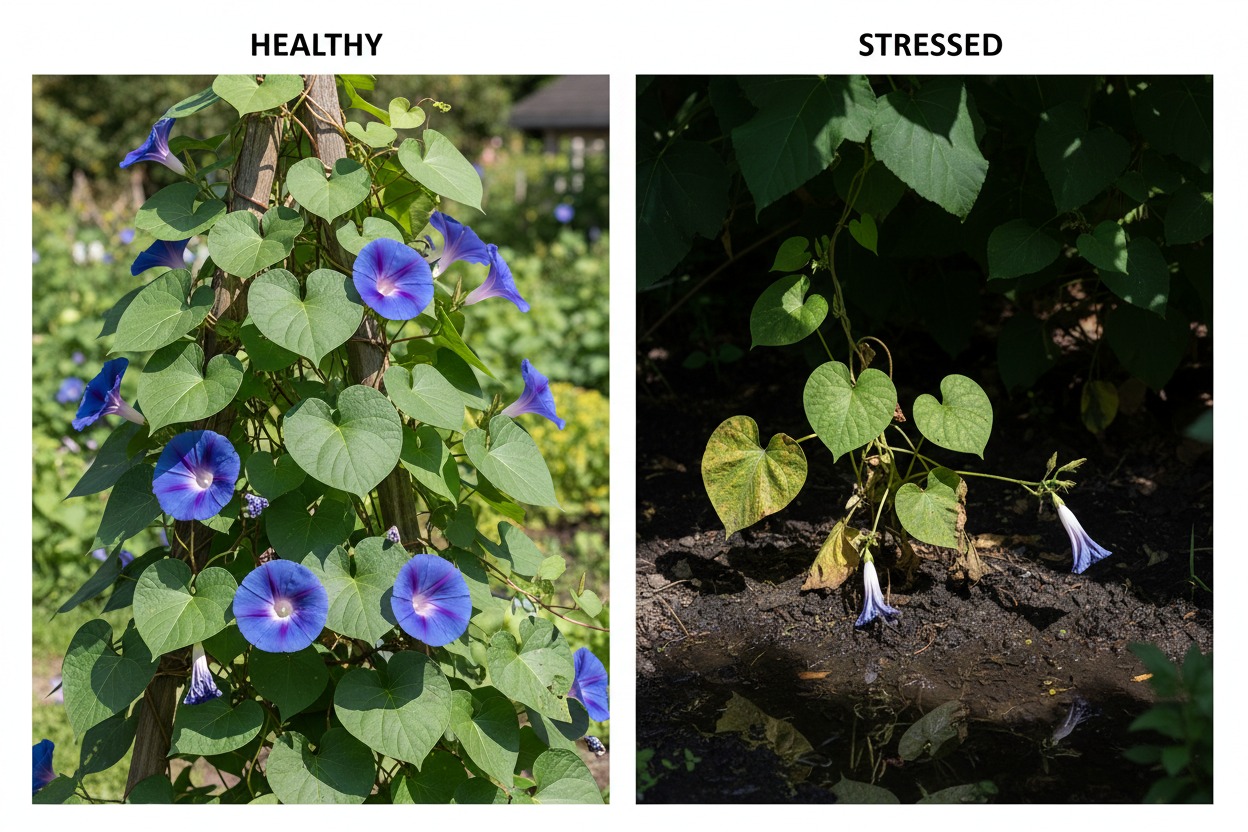 Healthy vs struggling morning glory plants comparison showing common growing problems like shade and overwatering