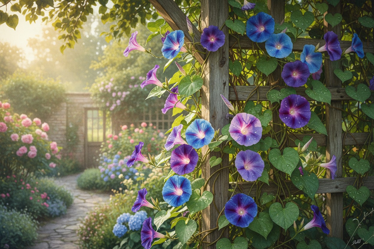 Purple morning glory flowers climbing a garden trellis — a fast-growing flower that starts with M