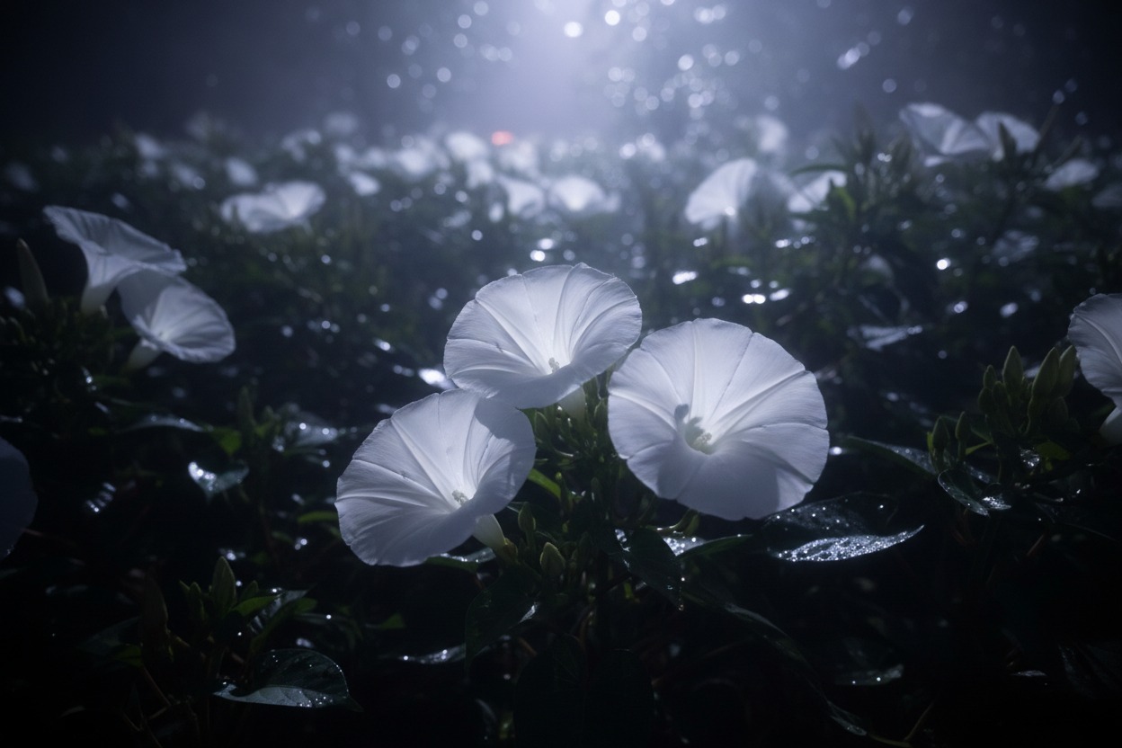 White moonflower blooms open at night in a dark garden — a dramatic flower that starts with M