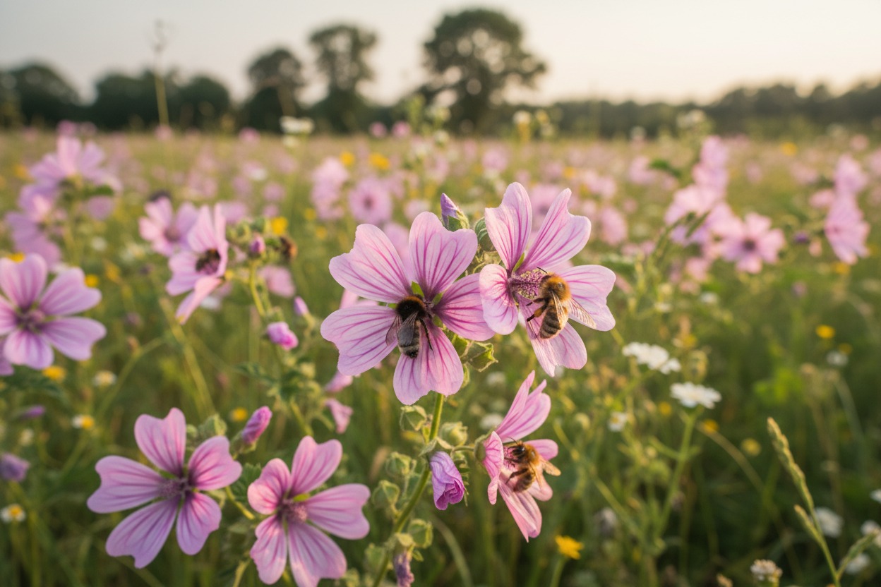 Pink and purple mallow flowers blooming in a wildflower meadow — flowers beginning with M