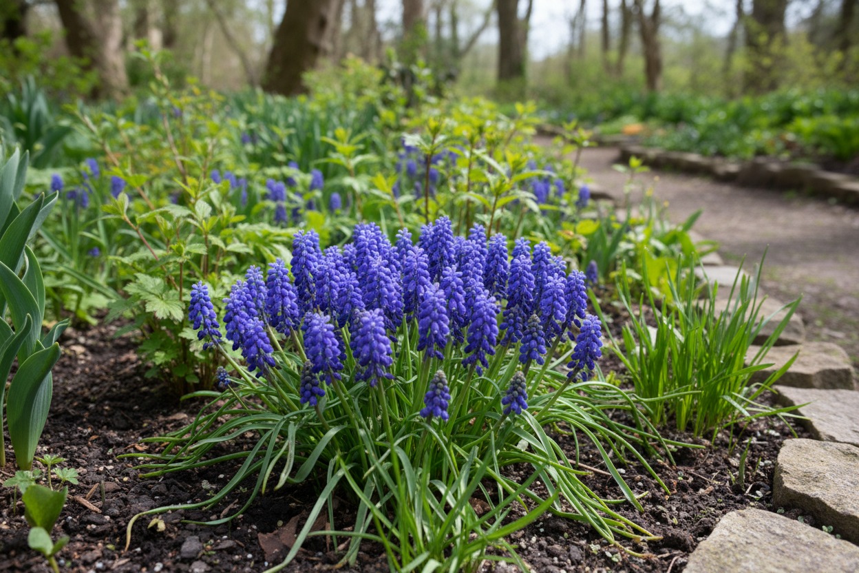 Blue-purple grape hyacinth muscari flowers blooming in spring — small flowers that start with M