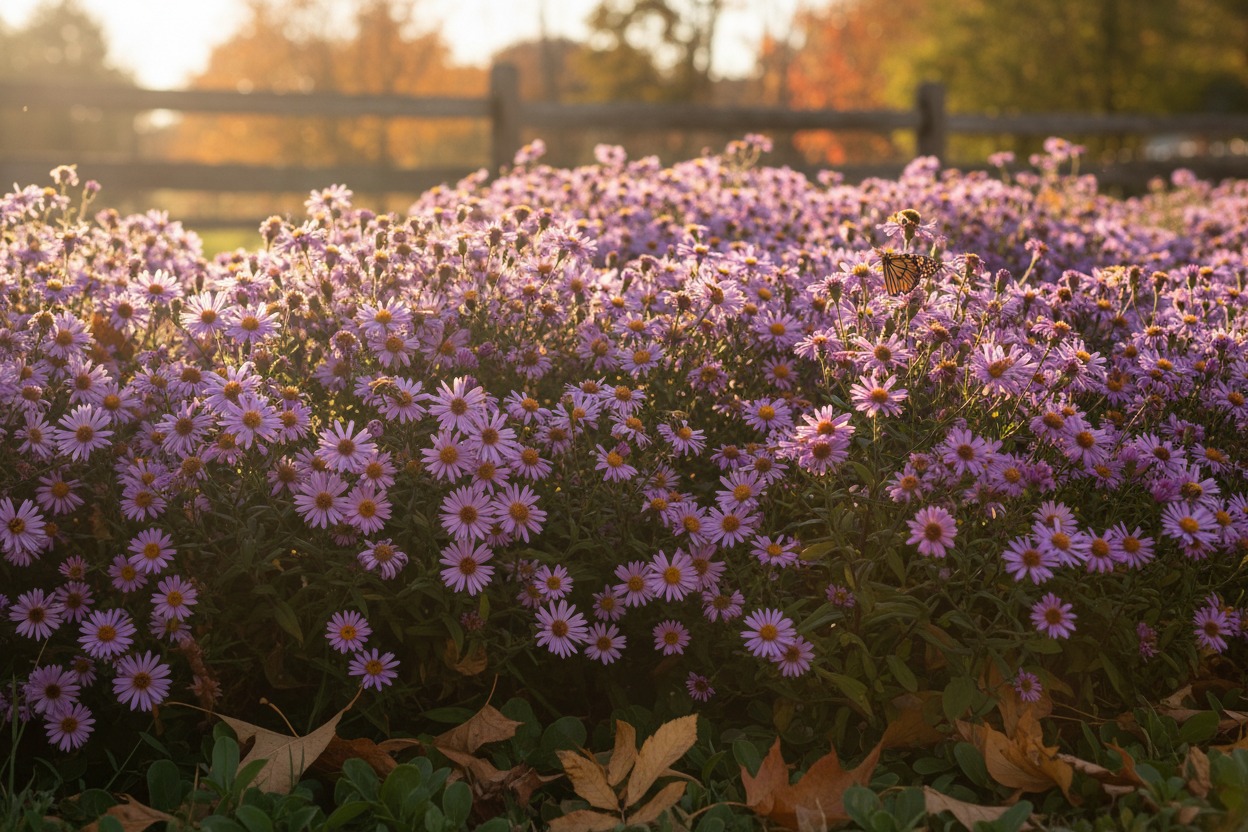 Purple Michaelmas daisy flowers in an autumn garden — a classic flower beginning with M