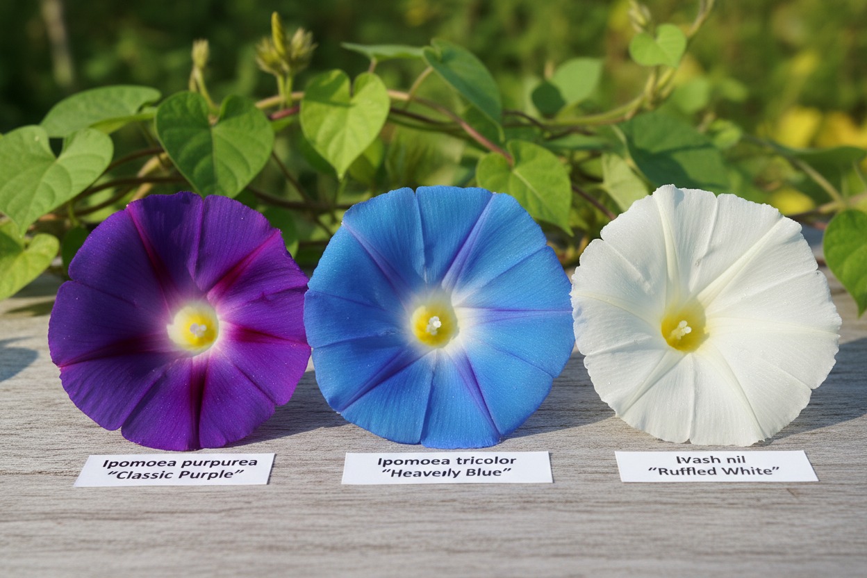 Three morning glory species comparison — Ipomoea purpurea purple, Ipomoea tricolor blue, and Ipomoea nil white