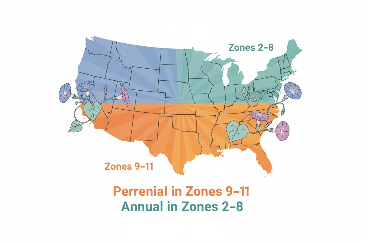 USDA zone map showing morning glories as perennial in zones 9-11 and annual in zones 2-8