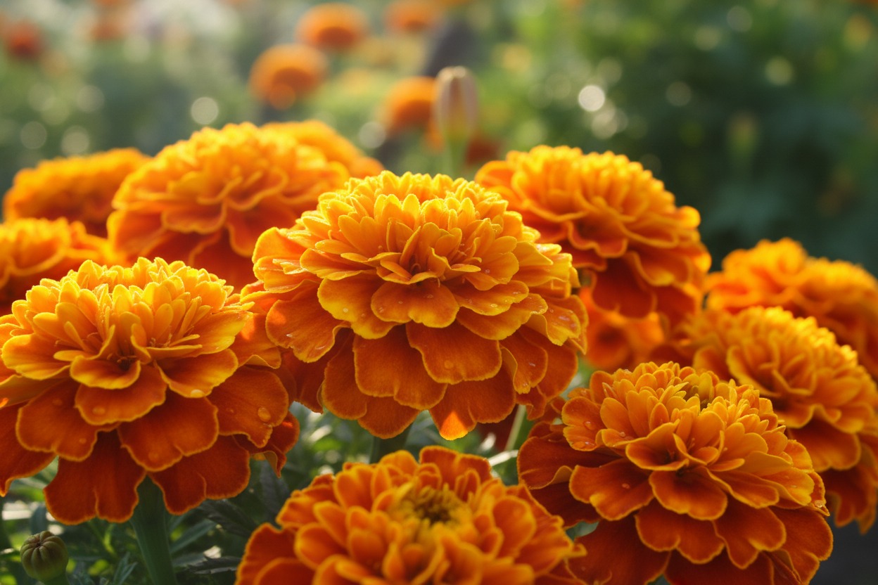 Bright orange marigold flowers growing in a sunny garden — a popular flower that starts with M