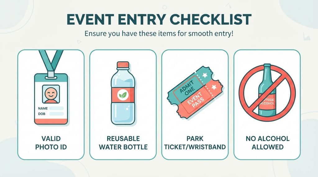 Checklist graphic showing photo ID, water bottle, park ticket, and no outside alcohol rule for EPCOT