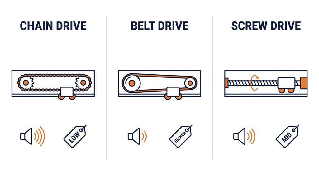 Chain, belt, and screw drive garage door openers compared by noise and price