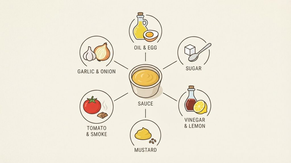 Ingredient groups surrounding a cup of dipping sauce including oil, sugar, vinegar, mustard, tomato, and garlic