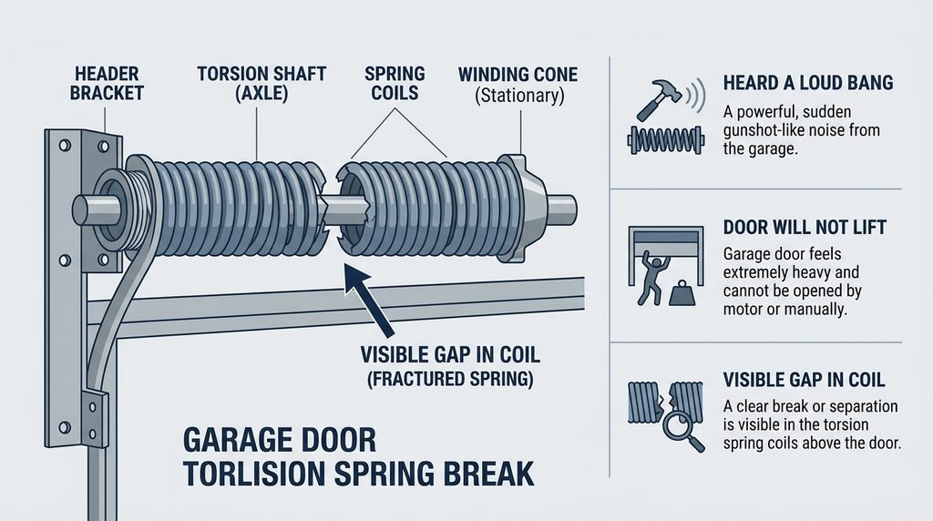 Signs of a broken garage door spring including a visible coil gap
