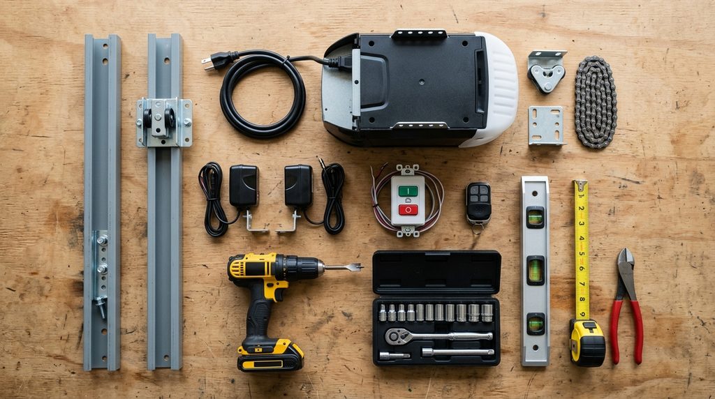Tools and opener parts needed for garage door opener installation