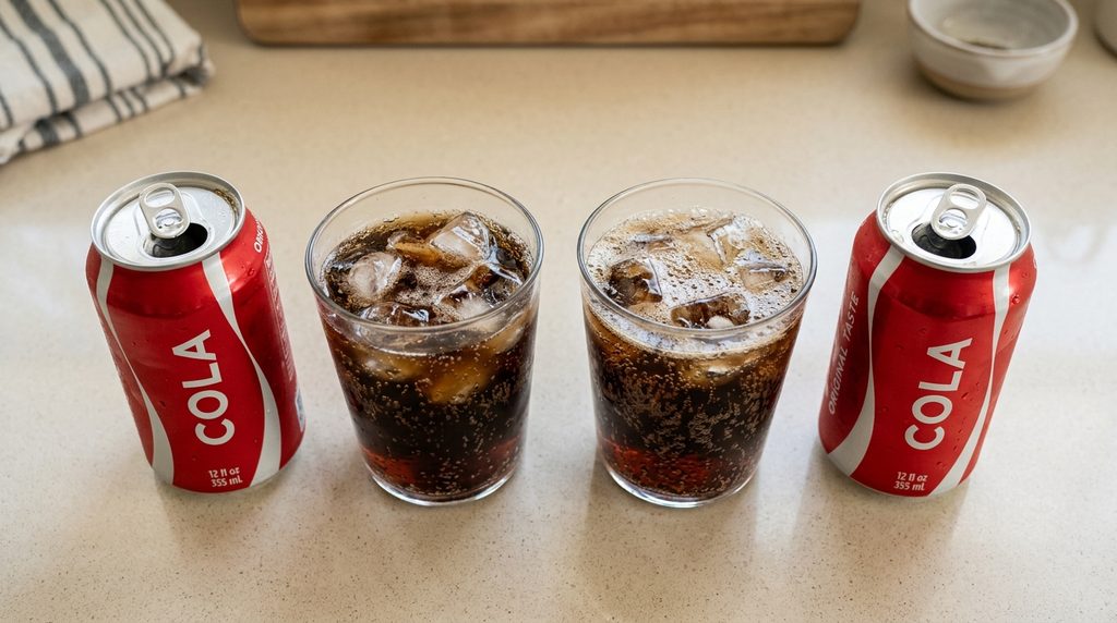 Two glasses of cola poured from zero sugar cans